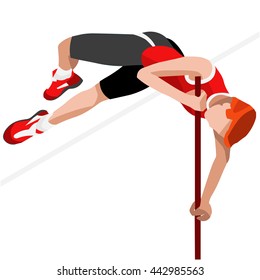 Athletics Pole Vault Sportsman Games Icon Set. 3D Isometric Athlete. Sport Championship People Athletics Competition. Sport events Infographic Pole Vault Athletics High Jump Vector Illustration.