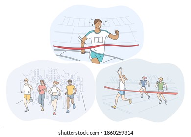 Athletik, Laufen, Marathonwettbewerb Konzept. Junge Sportler, die an sportlichen Marathons im Freien und in Stadien teilnehmen. Aktive, gesunde Lebensweise und Illustration 