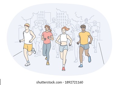 Athletics, running, marathon competition concept. Young people sportsmen athletes taking part in running sport marathon outdoors in summer. Active healthy lifestyle and training illustration 