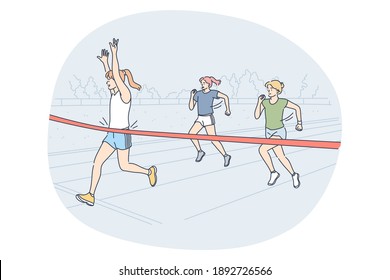 Athletics, running, marathon competition concept. Young girls people sportsmen athletes taking part in running sport marathons on stadium and approaching finish line. Active healthy lifestyle