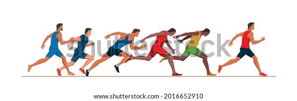 Athletics\
scene. Men\'s track race. Runners at Finish line.  Athletes running\
and fighting for the victory at the finish line. Track 100 meters\
competition. Vector flat design\
illustration.