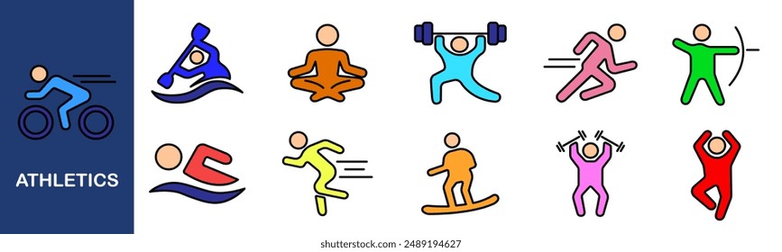 Athletics set icon. Cycling, swimming, yoga, weightlifting, sprinting, archery, snowboarding, fitness, exercise, training, health, active lifestyle, sports icons.