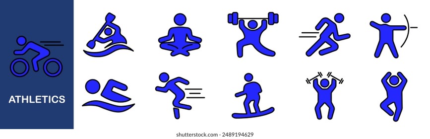 Athletics set icon. Cycling, swimming, yoga, weightlifting, sprinting, archery, snowboarding, fitness, exercise, training, health, active lifestyle, sports icons.