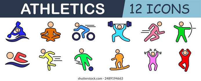 Athletics set icon. Kayaking, yoga, cycling, weightlifting, running, archery, swimming, soccer, snowboarding, aerobics, exercise.