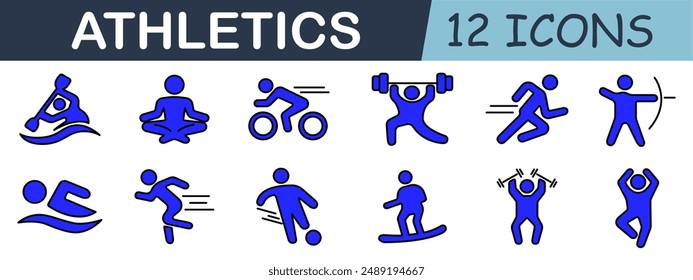 Athletics set icon. Kayaking, yoga, cycling, weightlifting, running, archery, swimming, soccer, snowboarding, aerobics, exercise, monochrome.