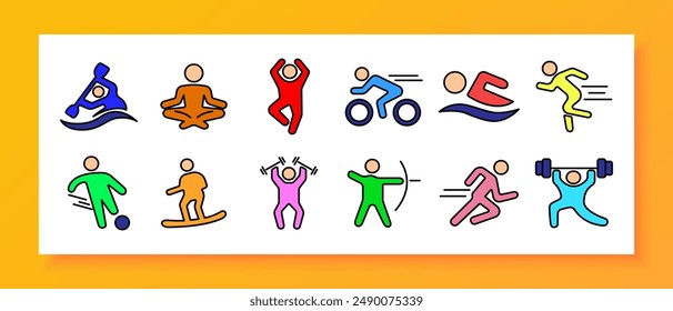 Athletics set icon. Rowing, yoga, cycling, weightlifting, running, archery, swimming, sprinting, soccer, snowboarding, fitness, exercise, sports, physical activity.