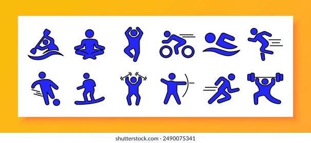 Athletics set icon. Rowing, yoga, cycling, weightlifting, running, archery, swimming, sprinting, soccer, snowboarding, fitness, exercise, sports, physical activity.