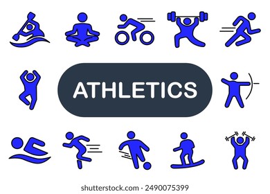 Athletics set icon. Rowing, yoga, cycling, weightlifting, running, archery, swimming, sprinting, soccer, snowboarding, fitness, exercise, sports, physical activity.