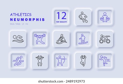 Athletics set icon. Soccer, weightlifting, skiing, cycling, yoga, swimming, running, archery, dancing, exercise, meditation, kayaking.