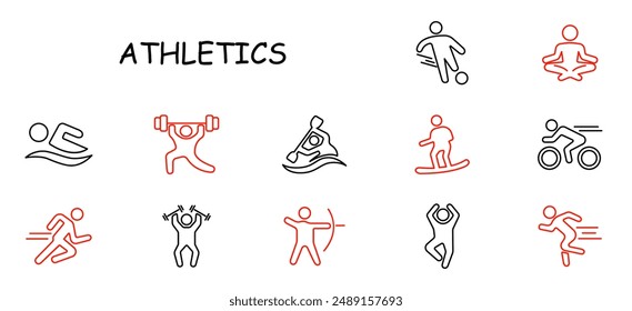 Athletics set icon. Swimming, weightlifting, kayaking, football, yoga, cycling, snowboarding, archery, running, exercise, sports, fitness, recreation, activity, competition, training, workout