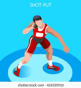 Athletics Shot Put Core thrower Sportsman Games Icon Set. 3D Flat Isometric Athlete. Sporting Championship People Competition. Sport Infographic Shot Put Athletics events Vector Image