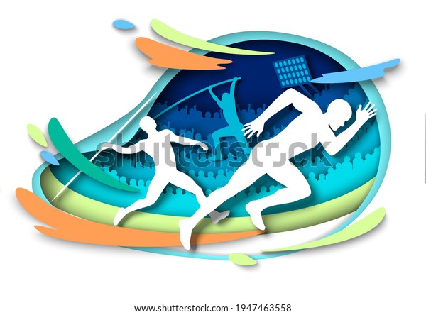 Athletics sport events. Athlete\
silhouettes, vector illustration in paper art style. Sprints. Pole\
vault. Javelin throw. Track and field, sport\
championship.