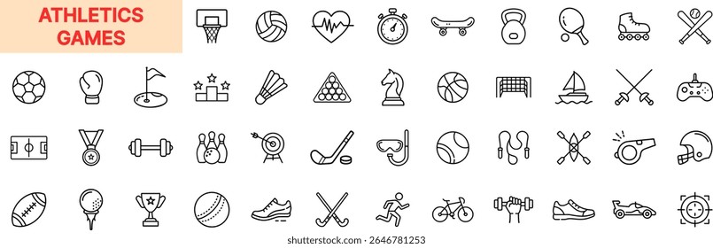 Athletics, Sports Gear, Competition Icons in Outline Style – Includes Trophy, Dumbbell, Bicycle, Soccer, Chess, Swimming, Golf, and Fitness Items Icon Design