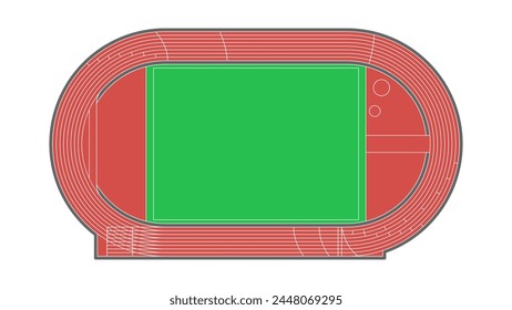 Athletics stadium with running tracks and green field. Top view on sport or athletic arena. Vector illustration.