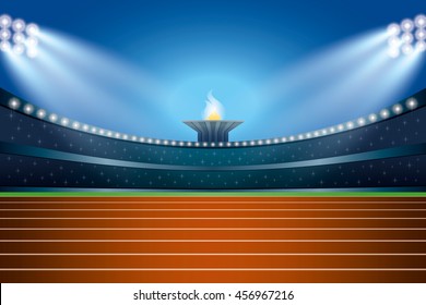 Athletics Stadium With Track At General Front Night View. Ceremony Event Athletes On Torch Background. Vector Illustration