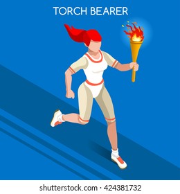 Athletics Torch Bearer baton Athletes Sportswoman Games Icon Set. 3D Isometric Athlete. Sporting Championship People Set Competition. Infographic Athletics Torch Bearer events Vector Illustration