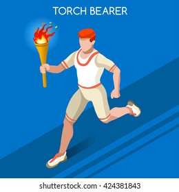 Athletics Torch Bearer baton Athletes Sportsman Games Icon Set. 3D Isometric Athlete. Tokyo Sporting People Competition. Infographic Athletics Torch Bearer events Vector Illustration