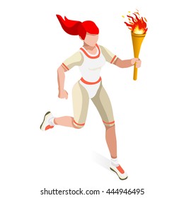 Athletics Torch Bearer relay runner Athlete Sportswoman Games Icon Set. 3D Isometric Athlete. Sporting People Set Competition. Infographic Athletic Torch Bearer events Vector collection Illustration