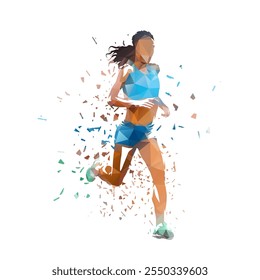 Atletismo, pista y campo. Correr, mujer corriendo, ilustración de corredor de Vector distorsionado poligonal bajo aislado. Vista frontal. 