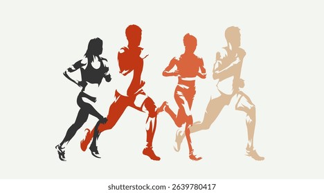 Athletics, track and field runners, group of running men and women. Set of abstract isolated vector silhouettes. Ink drawing