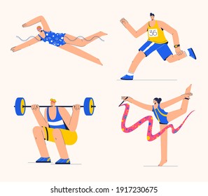 Atletismo y levantamiento de pesas. Mujeres haciendo gimnasia rítmica y nadando. Hombres corriendo y levantando a la barbacoa. Atletas profesionales.Ilustración de carácter vector aislada en fondo blanco