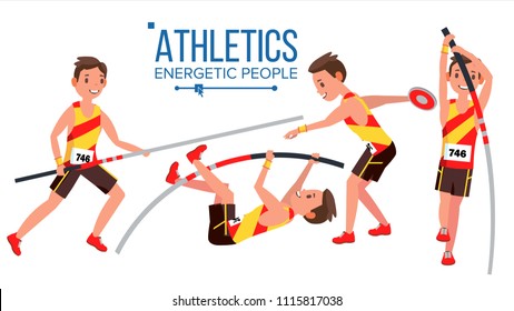Athletics Young Man Player Vector. Man. Sportsman Win Concept. Various. Race Competition. Hurdle long Jump. Flat Athlete Cartoon Illustration
