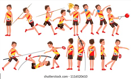 Athletics Young Man Player Vector. Man. Sportsman Win Concept. Various. Race Competition. Hurdle long Jump. Flat Athlete Cartoon Illustration