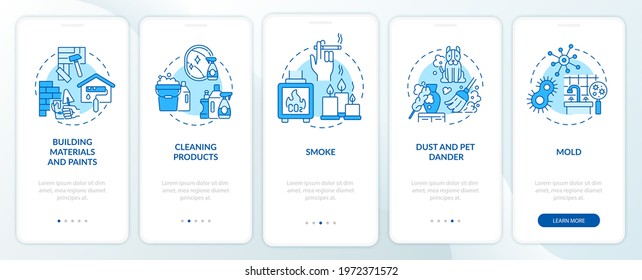 At-home air pollution onboarding mobile app page screen with concepts. Building materials, paints walkthrough 5 steps graphic instructions. UI, UX, GUI vector template with linear color illustrations