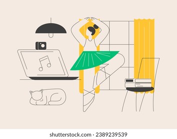 At-home dance class abstract concept vector illustration. Home dance quarantine training platform, online lesson, relief stress, live streaming, stay home, social distance abstract metaphor.