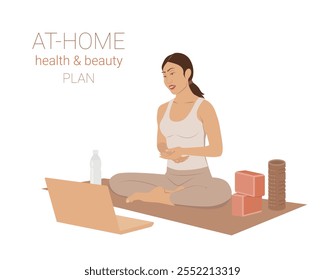 At-home health and beauty plan conception. Create your body, take care of your health and beauty at home with personal trainer online. Online platform for wellness programs. Flat vector illustration