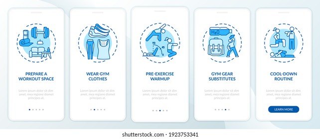 At-home workout advices onboarding mobile app page screen with concepts. Fitness place, gym clothes, warmup walkthrough 5 steps graphic instructions. UI vector template with RGB color illustrations