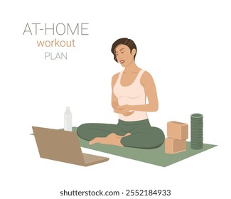 At-home workout plan with personal trainer online. A fit woman in sportswear leading online training. Online service for fitness, yoga, pilates, gymnastics, wellness programs. Flat vector illustration