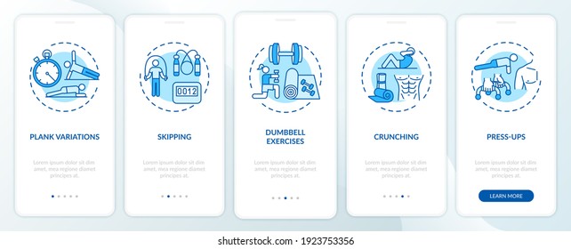 At-home workouts onboarding mobile app page screen with concepts. Plank, skipping, crunching walkthrough 5 steps graphic instructions. UI vector template with RGB color illustrations