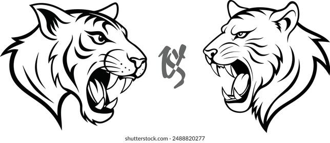 a-tiger-head-are-roaring--with-shilhoette-vector art and Two Tiger Head  face to face Roaring with shilhoette vector art.