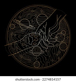 ation of a cat's paw and hand against a background of space. Gold lines on black background.