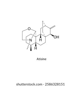 Atisine skeletal structure.Alkaloid compound schematic illustration. Simple diagram, chemical formula.