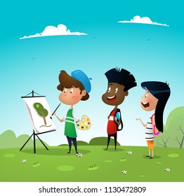 Atist boy painting while his frienda watching his workprocess. Creative people professions. Vector illustration