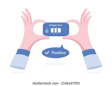 ATK covid-19 test result positive. Hand hold Antigen test kit.