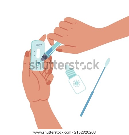 ATK covid-19 test in use at home. Hand holding Antigen test kit. Concept with with buffer dropper and swab stick. Flat vector illustration