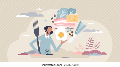 Atkins diet as low carbs consumption and keto food eating tiny person concept. Weight loss meals with vegetables and meat as dietary lifestyle for balanced carbohydrate balance vector illustration.