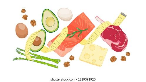 Atkins low carb diet concept illustration with meat, fatty fish, eggs, vegetables, cheese and nuts. Vector drawing with dietary foods for weight loss and good health. Fighting obesity problems.