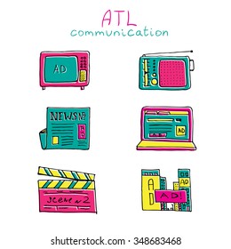 ATL Communication in advertisement hand made icon set. Trendy color pencil outlined set.
