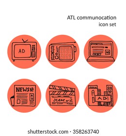 ATL Communication in advertisement hand made icon set. Round rough edge background. Round rough edge orange background and black pencil stroke symbols set.