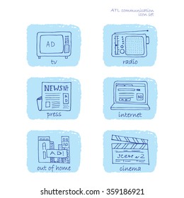ATL Communication in advertisement hand made icon set. Rectangular rough edge blue background and ultramarine pencil drawn stroke symbols set.