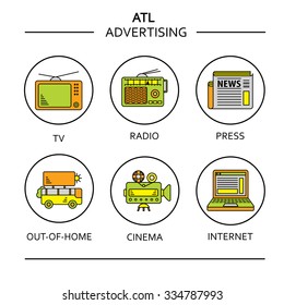 ATL communications symbols collection to present services of ads studios. Trendy bright colored set with black round stoke. Wide coverage advertising diversification channels.