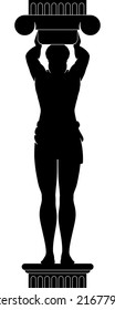 Atlant sculpture holding a column, black silhouette vector illustration, isolated on white background. 