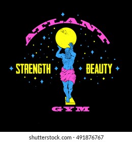 Atlant statue vector graphics. Fitness gym vector emblem.