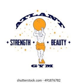 Atlant statue vector graphics. Fitness gym vector emblem.