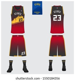 Atlanta basketball uniform mockup template design for basketball club. Tank top t-shirt mockup for basketball jersey. Front view, back view basketball shirt. Atlanta skyline Vector Illustration.