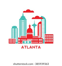 Atlanta city architecture retro vector illustration, skyline city silhouette, skyscraper, flat design